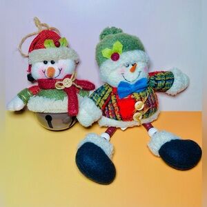Snowman Green Jingle Bell Christmas Holiday Hanging Ornament Plush‎ Set Unique